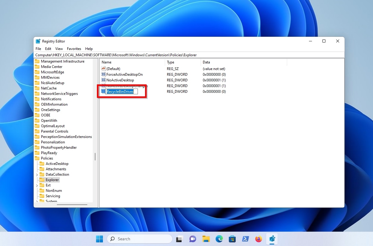 Registry Editor Policies Explorer RecycleBinDrives