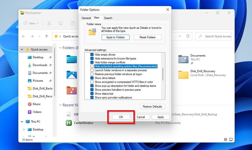 Windows File Explorer Advanced Settings OK