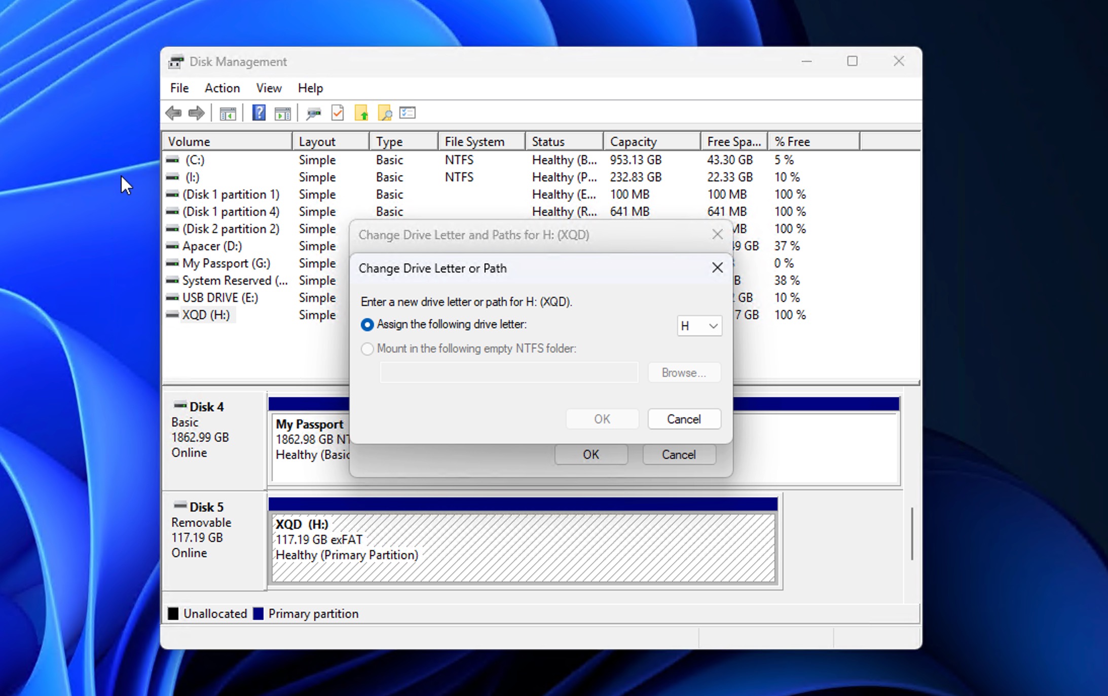 Asignar una nueva letra de unidad a una tarjeta XQD