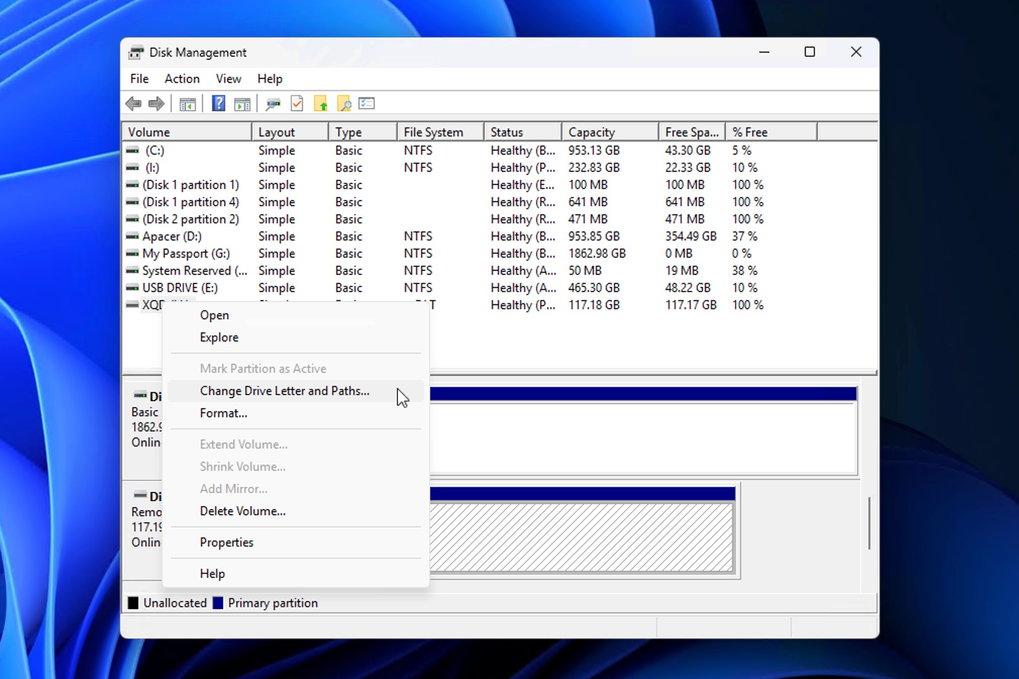 Cambiar la letra de unidad y las rutas en Administración de discos