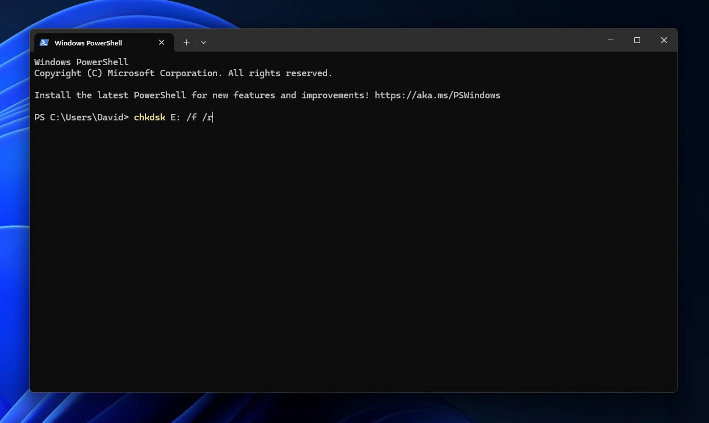 Running the chkdsk command on a USB drive in Windows Terminal