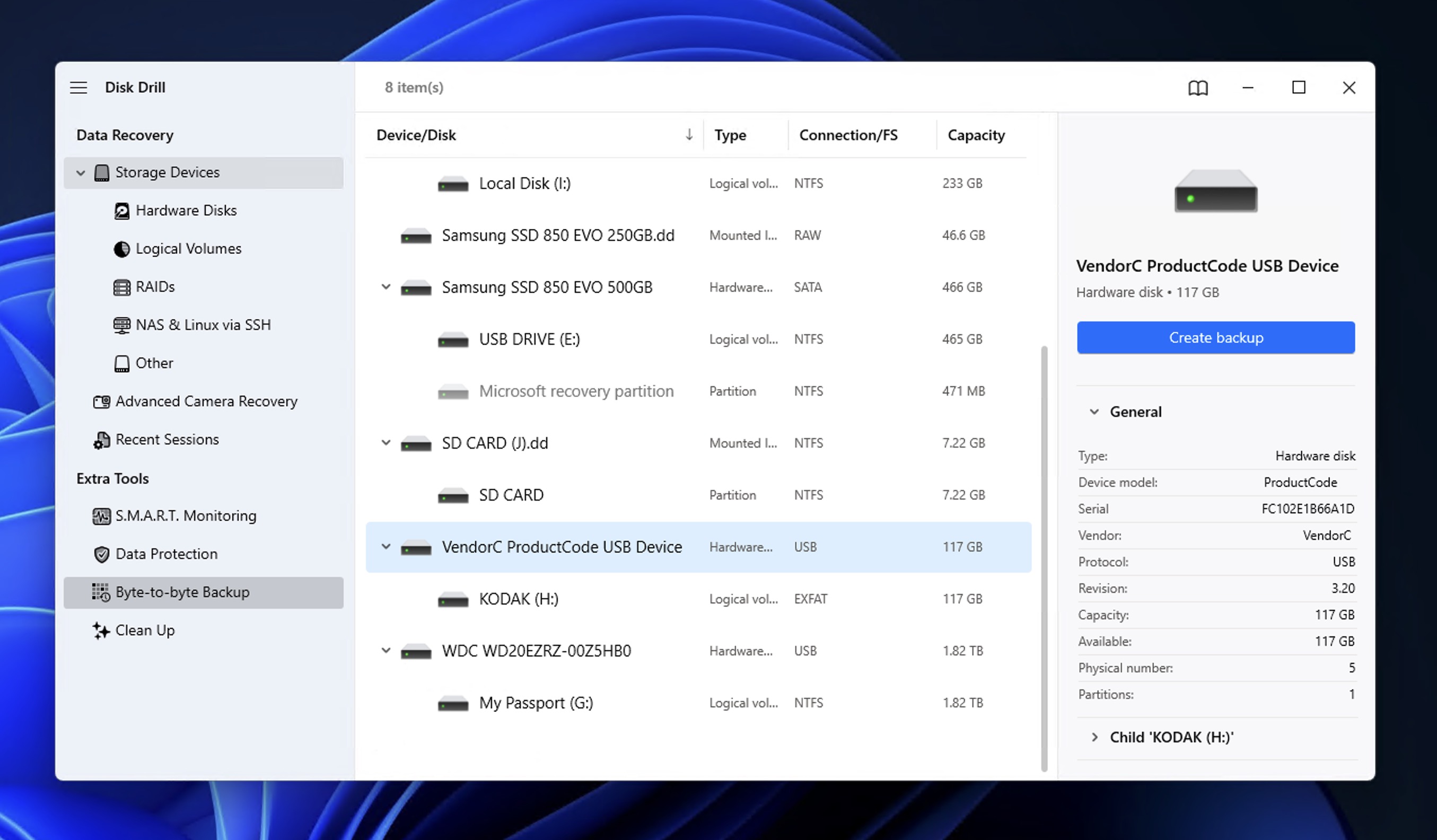 Creating a byte-to-byte backup of a USB flash drive in Disk Drill