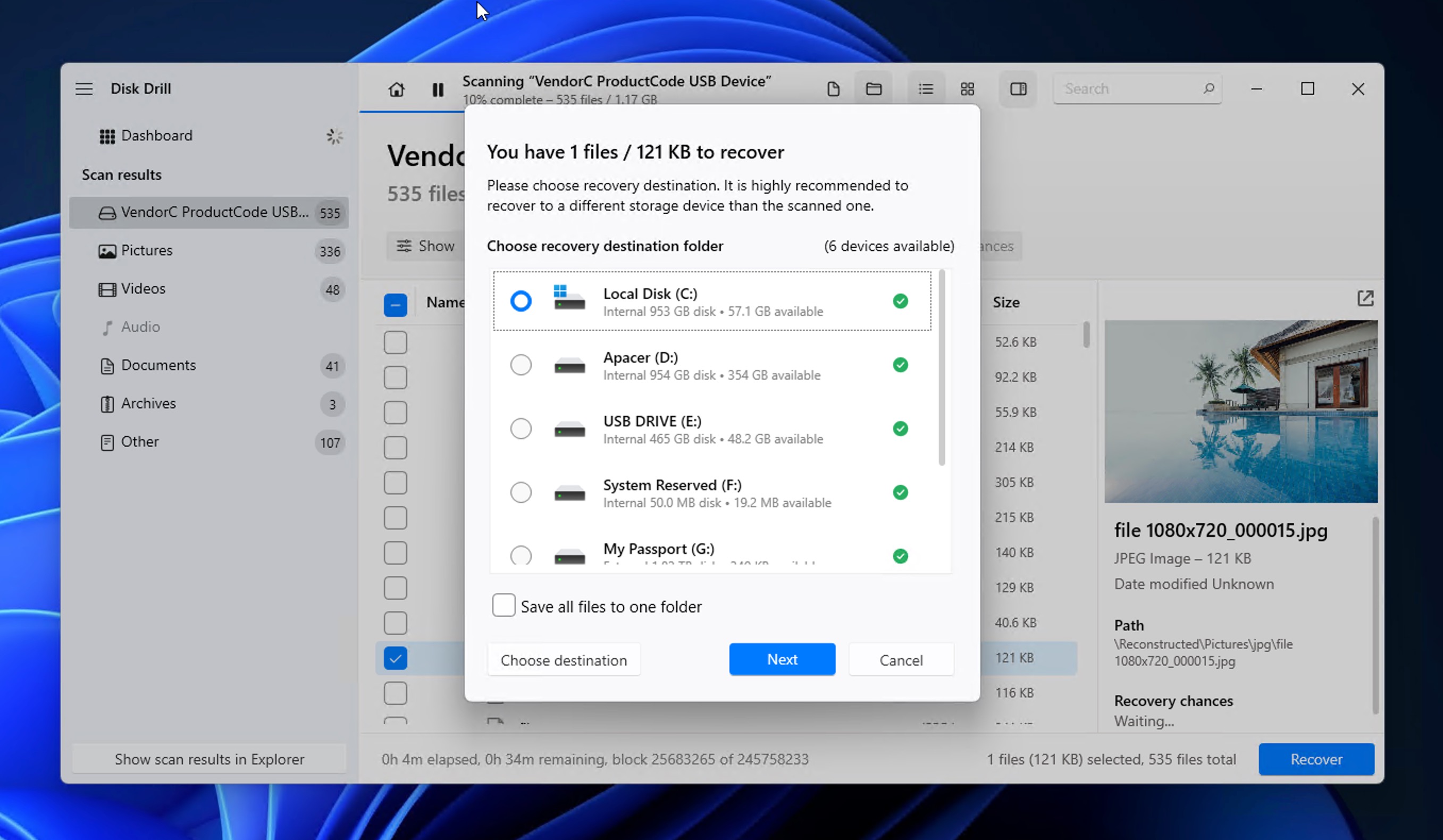 Selecting a destination folder for recovered USB files in Disk Drill