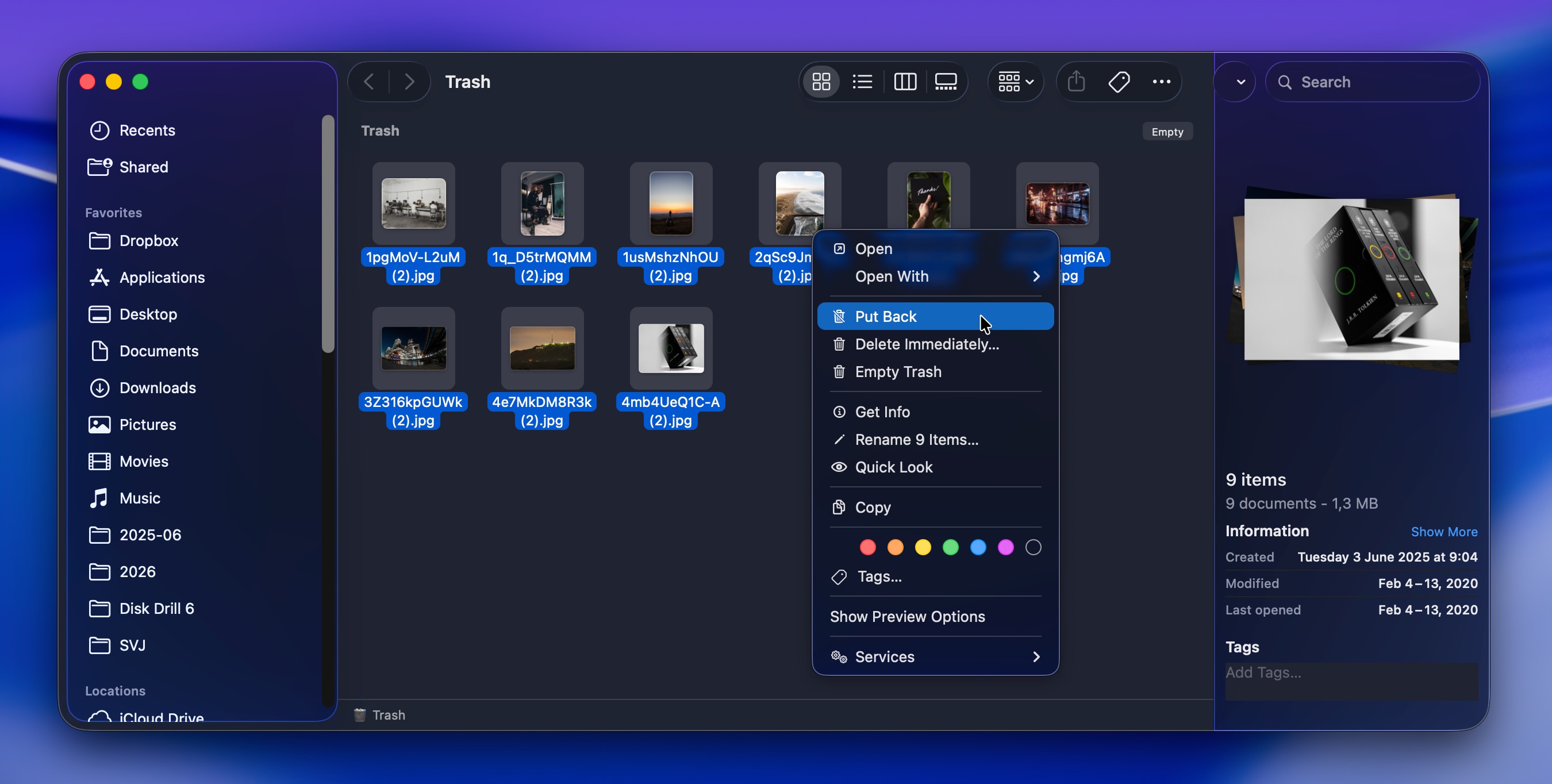 Restaurar archivos eliminados de la tarjeta XQD desde la Papelera en macOS