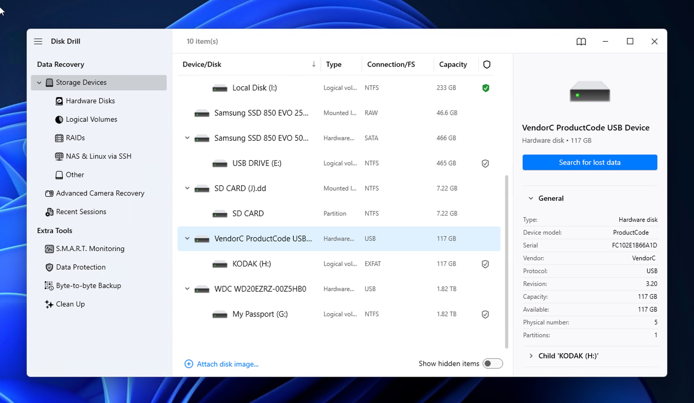 Starting a USB drive scan in Disk Drill using Search for lost data
