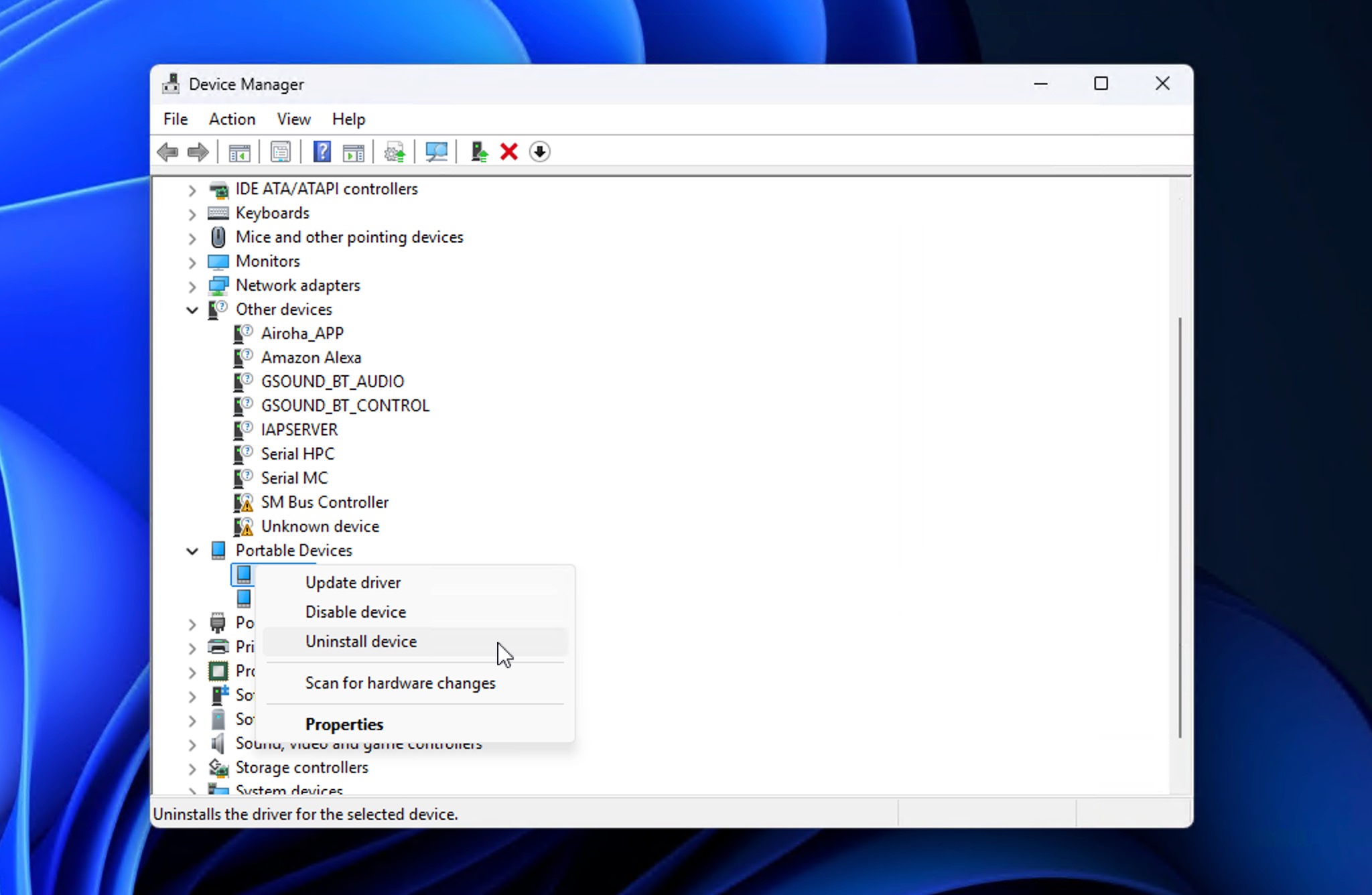 Desinstalando un dispositivo de tarjeta XQD en el Administrador de dispositivos
