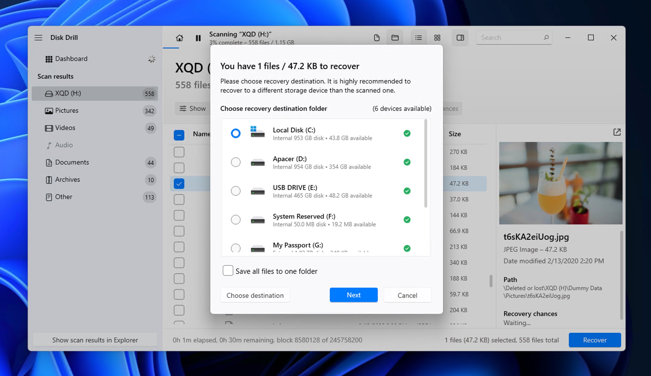 Elegir una carpeta de destino para la recuperación en Disk Drill