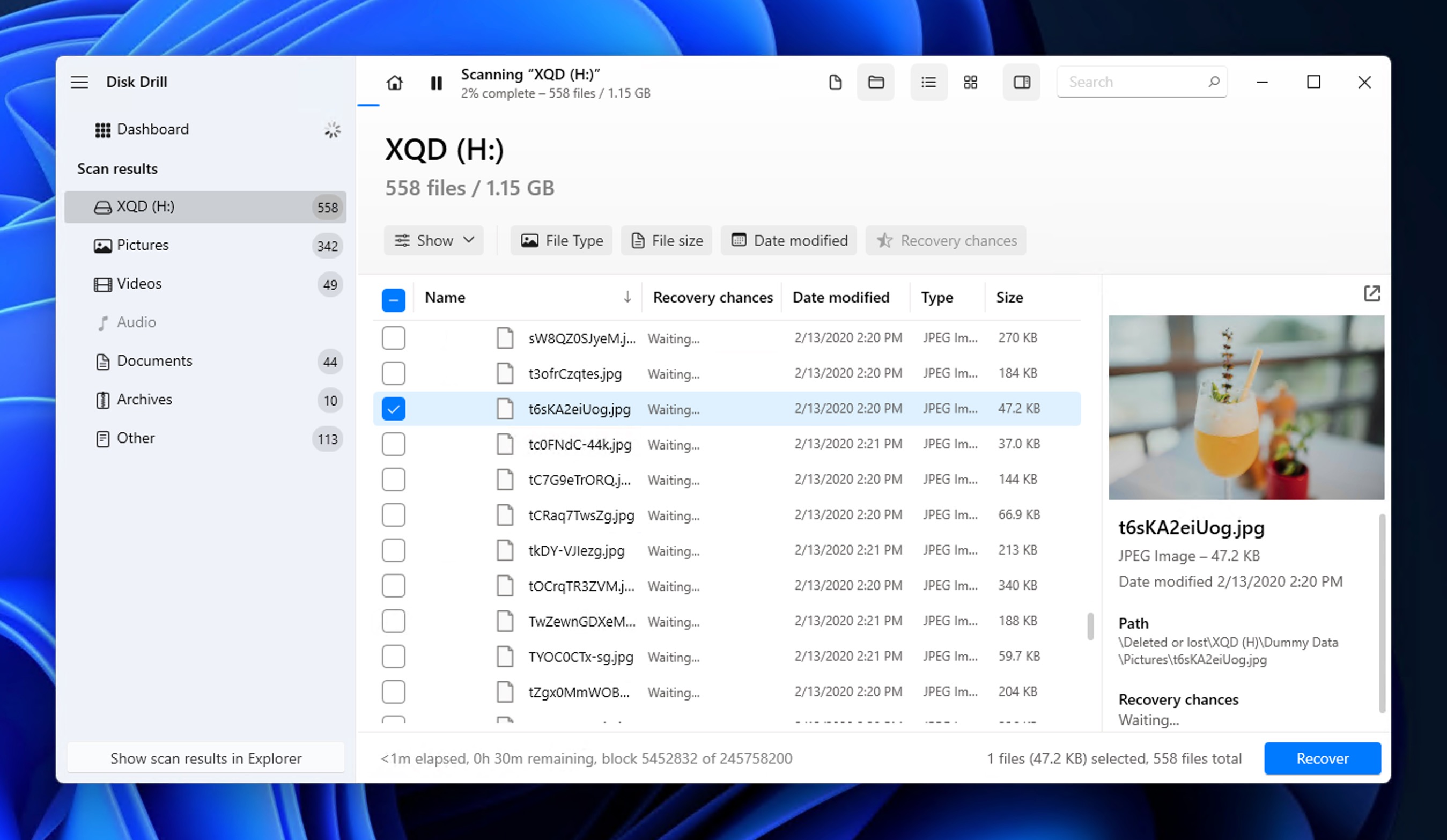Vista previa de un archivo recuperado de una tarjeta XQD en Disk Drill