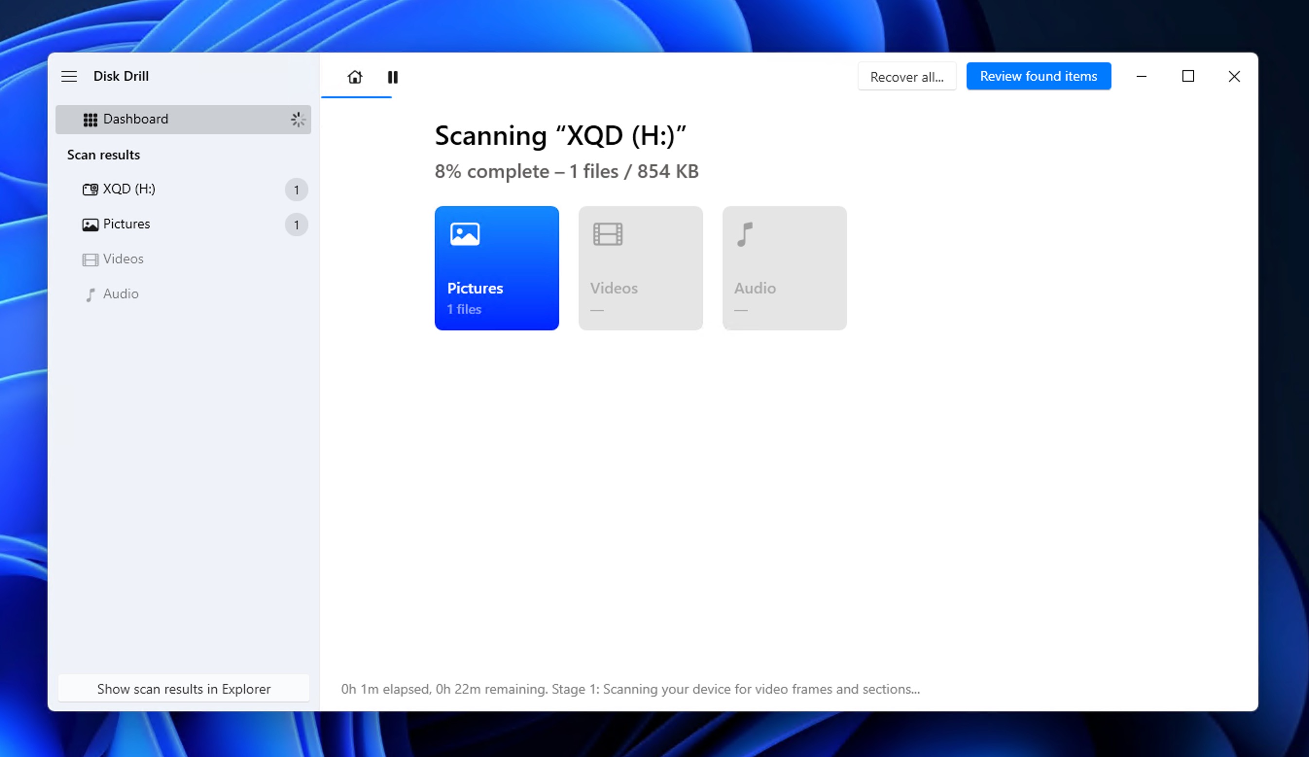 Disk Drill escaneando una tarjeta XQD en busca de datos perdidos