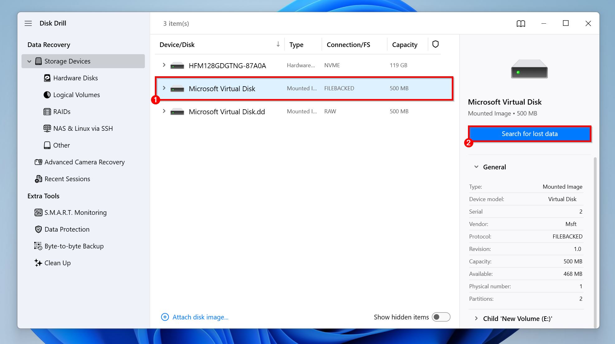 Search for lost data button in Disk Drill