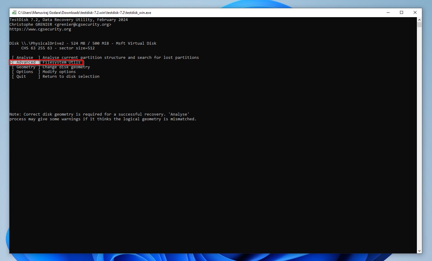 Advanced option in TestDisk.