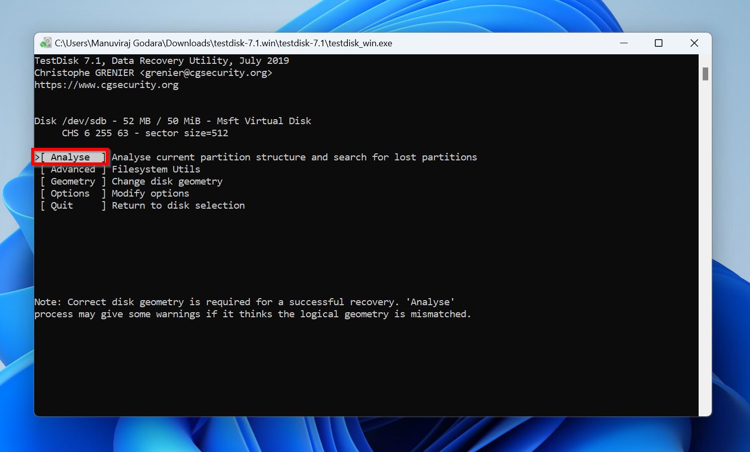Analyse option in TestDisk.