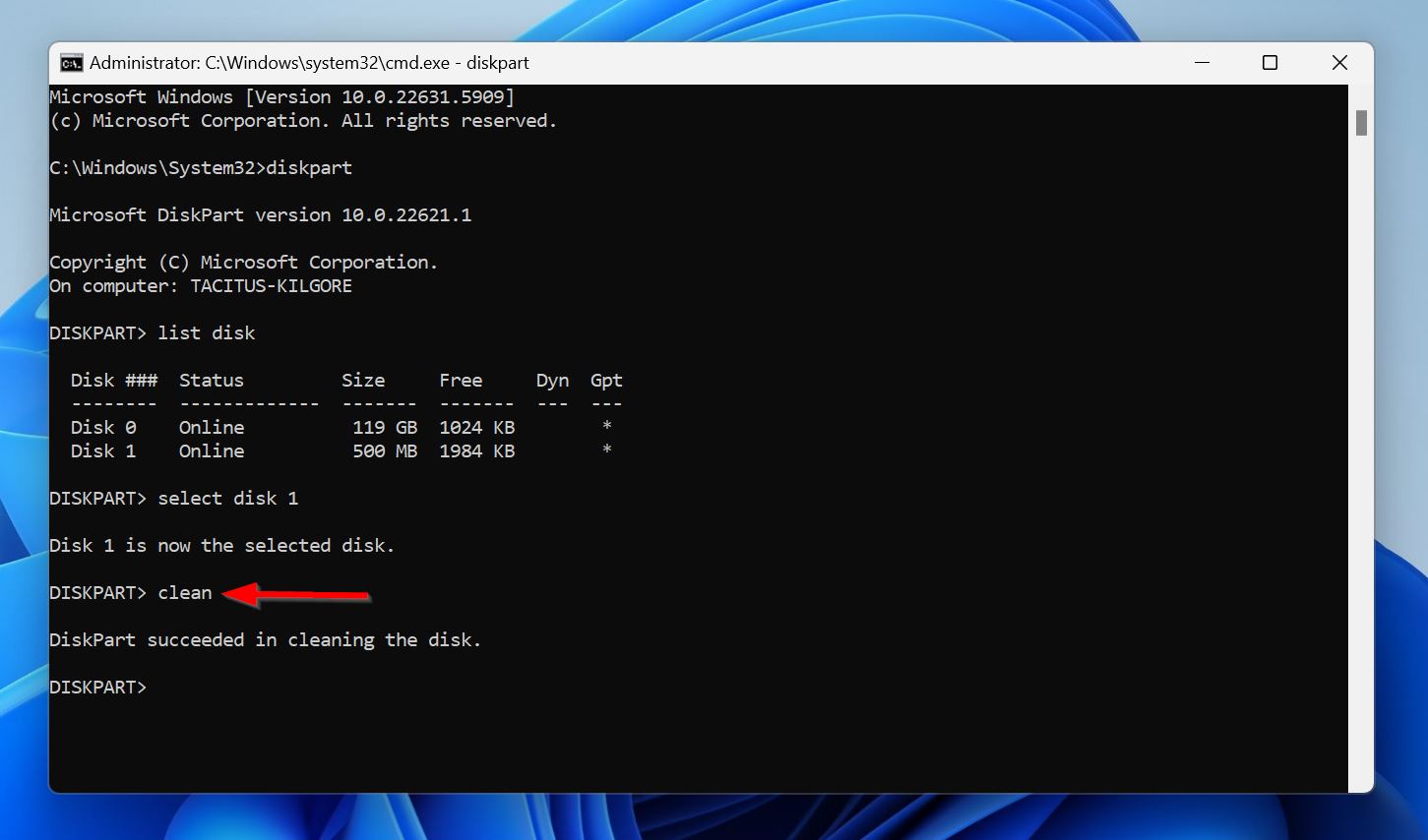 Clean command in Command Prompt.