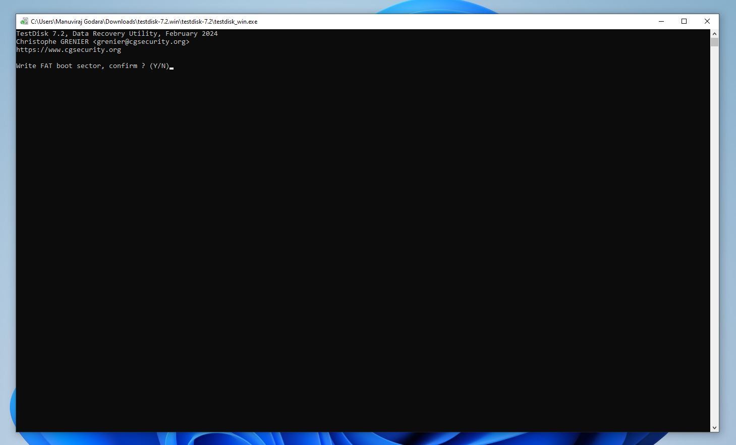 Confirmation screen in TestDisk.