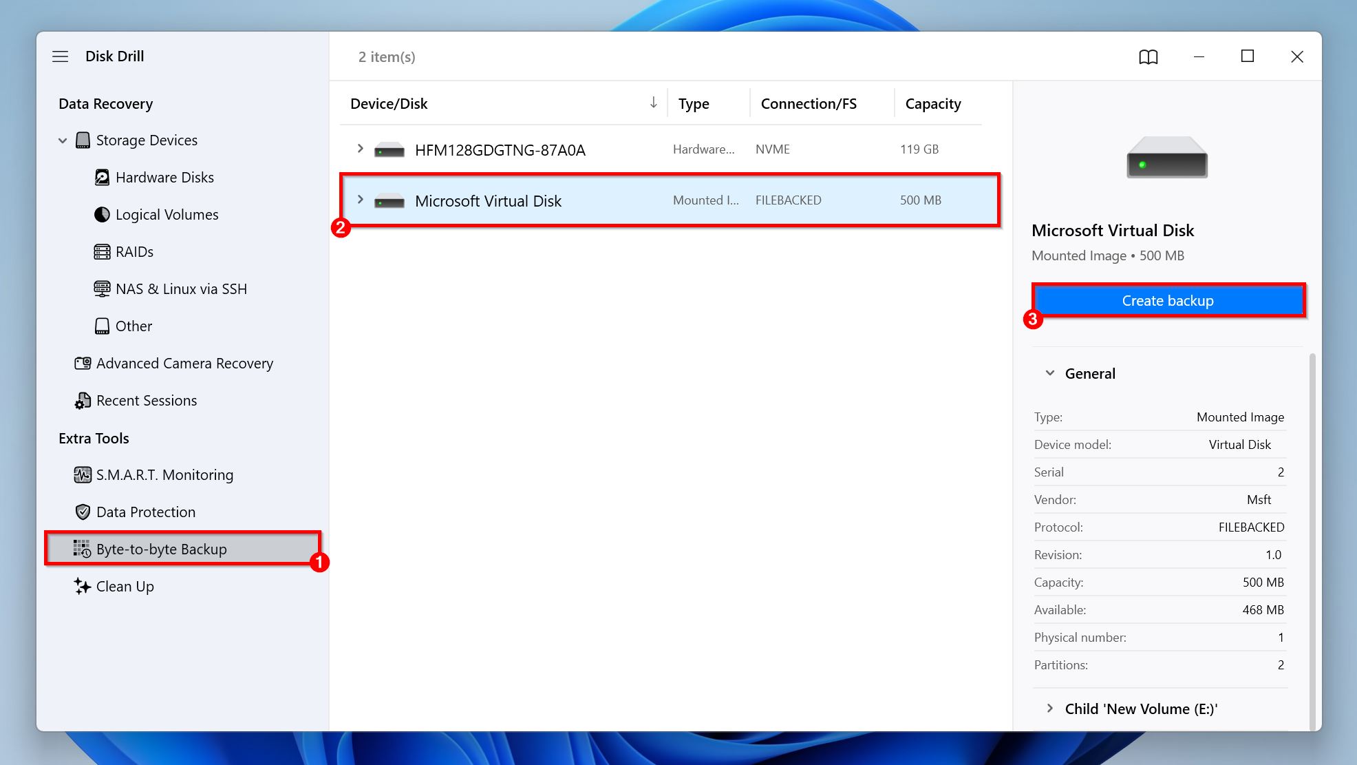 Dirve backup screen in Disk Drill.