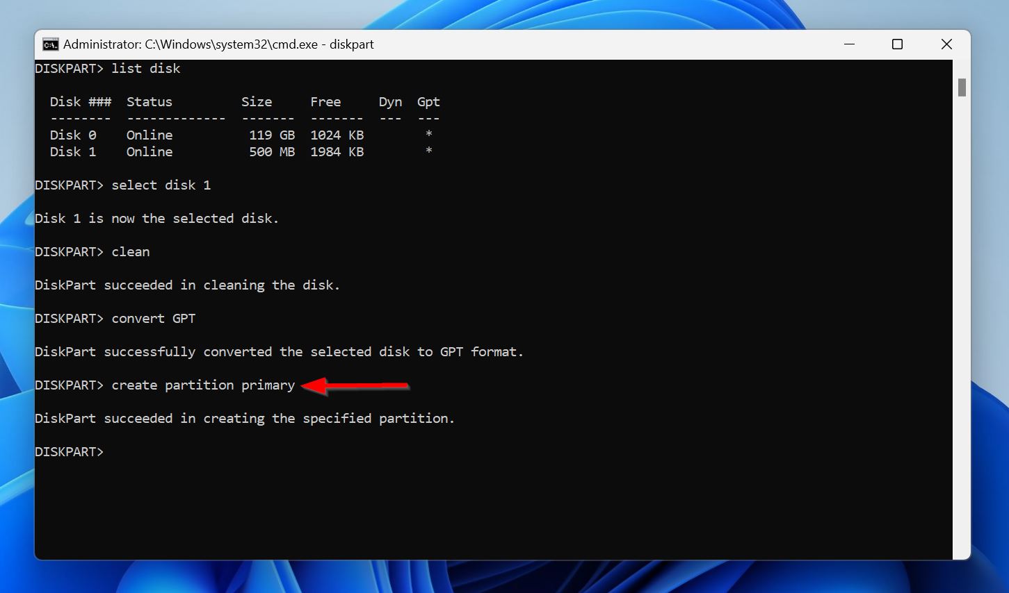 Create primary partition command syntax in Command Prompt.