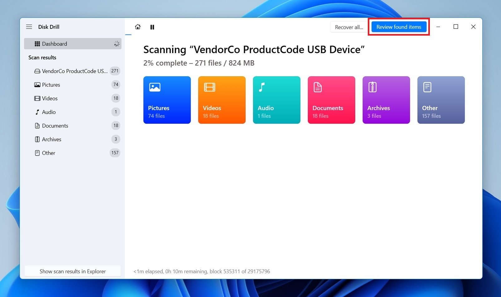 Click Review found items