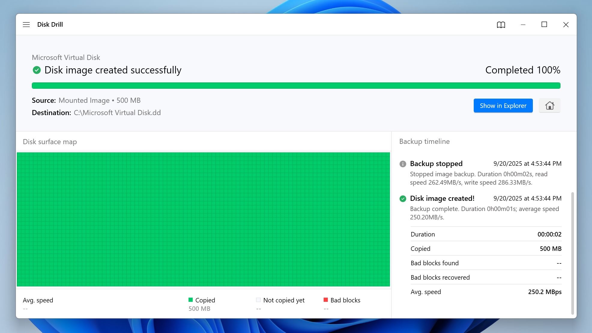 Disk image creation complete screen in Disk Drill.