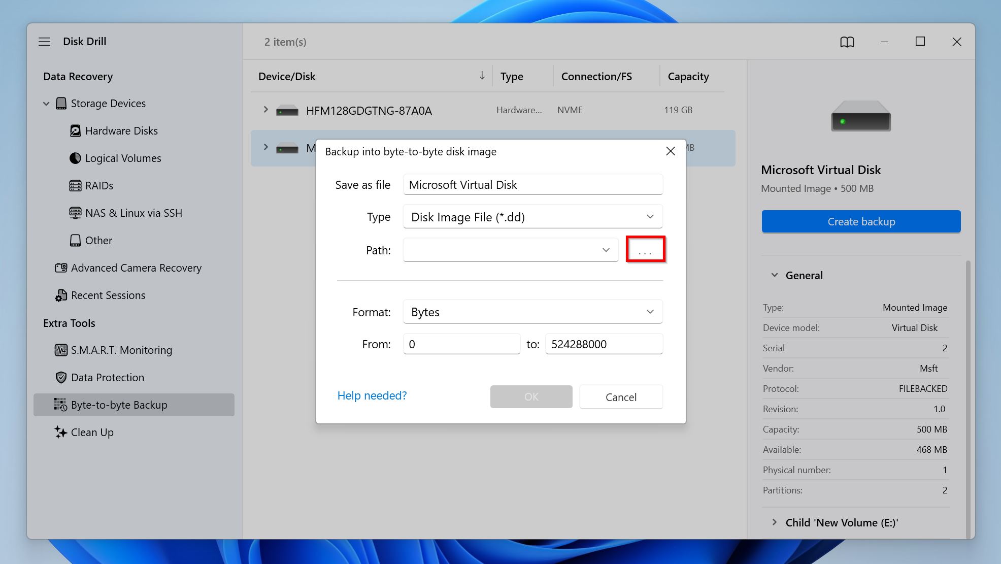 Disk image parameters window in Disk Drill.