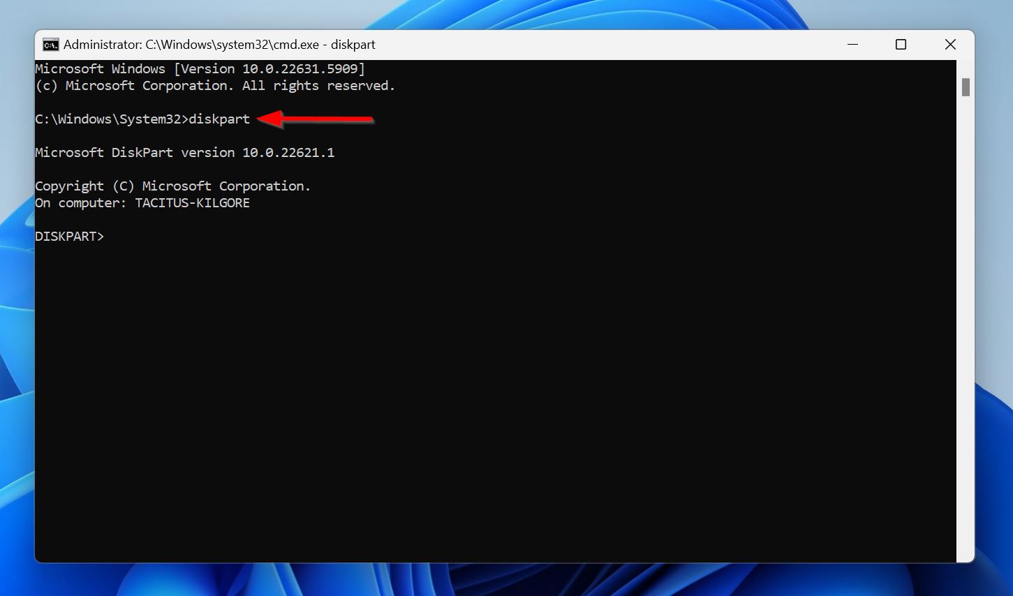 Diskpart command in Command Prompt.