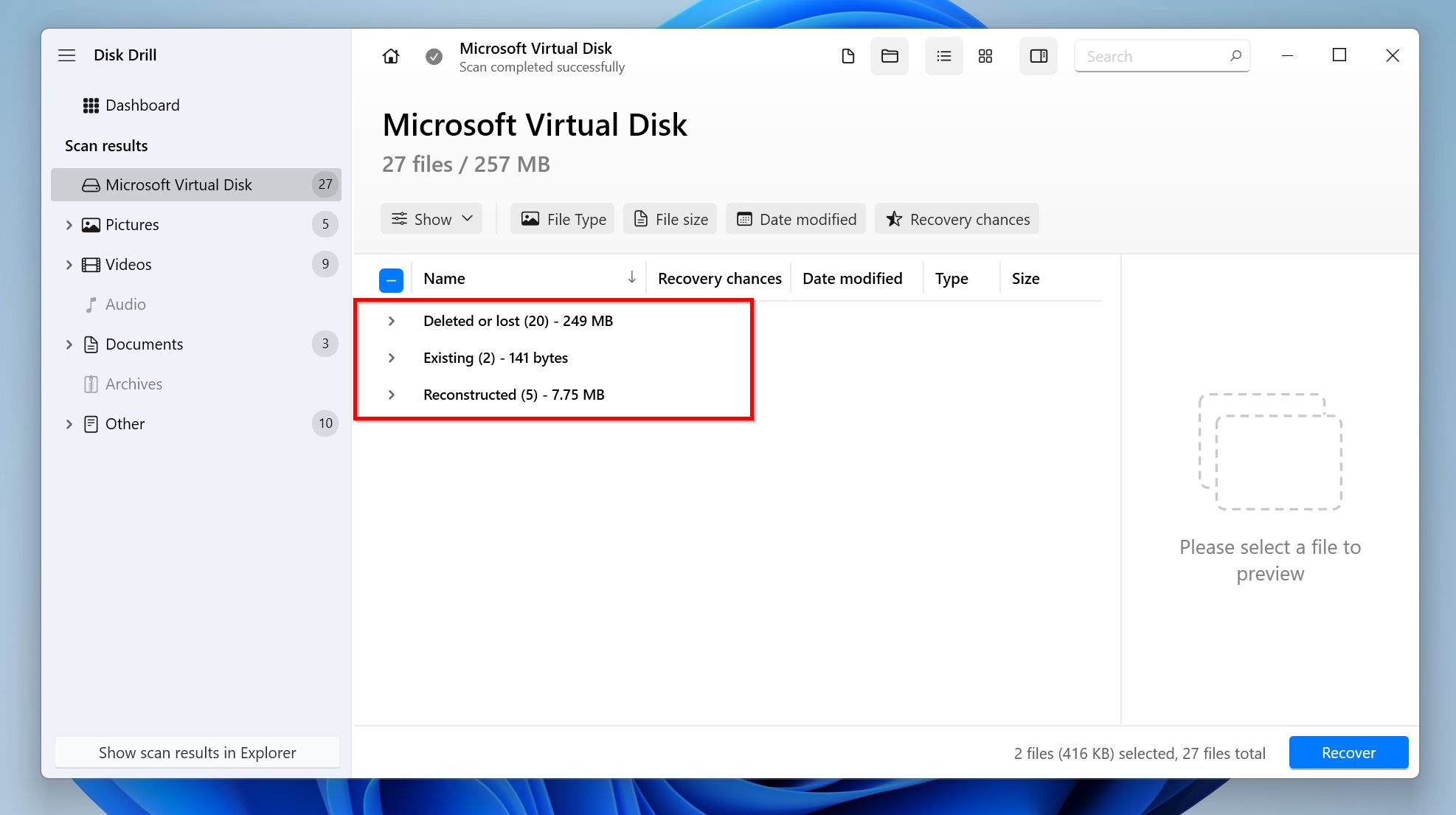 Data recover sections in Disk Drill.