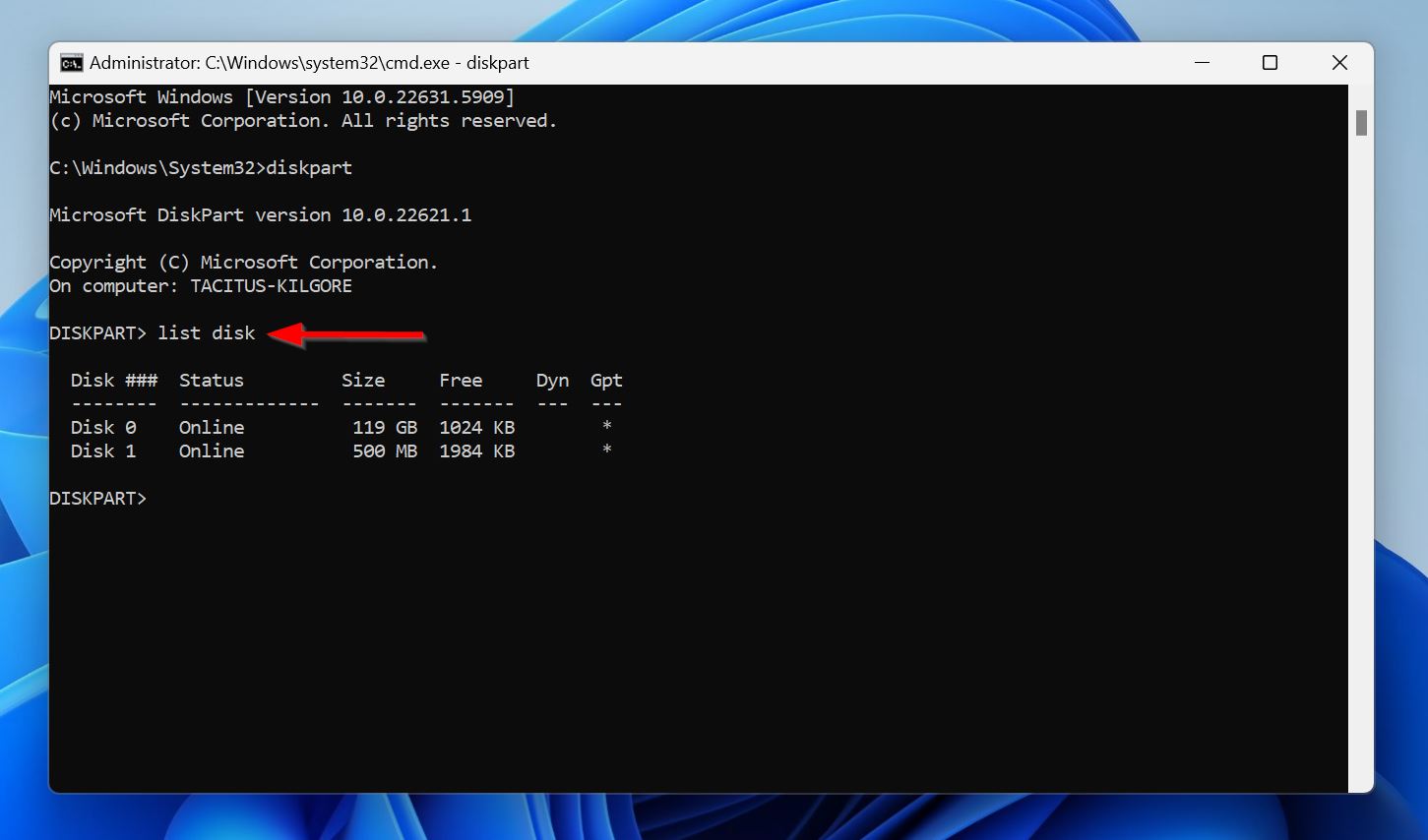 List disk command in Command Prompt.