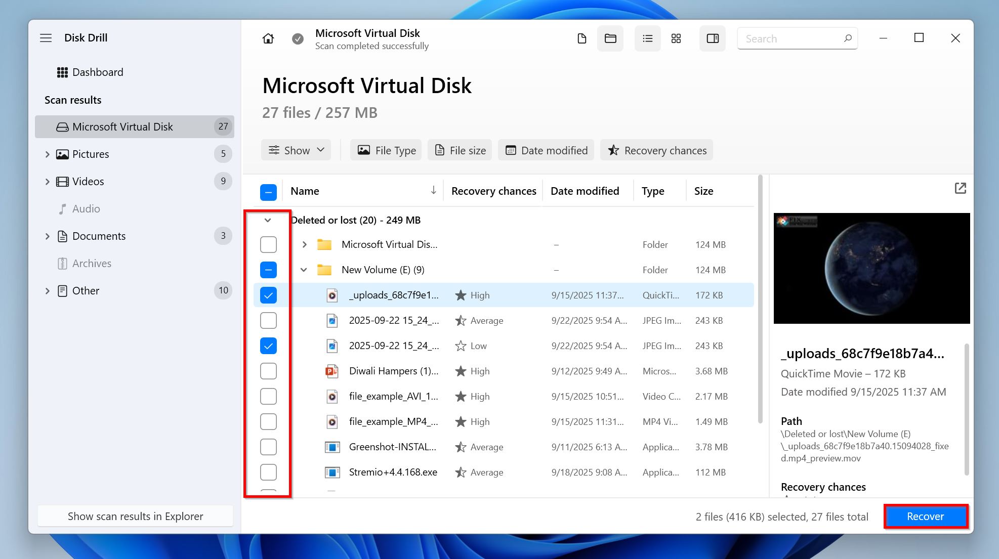 List of recoverable files in Disk Drill.