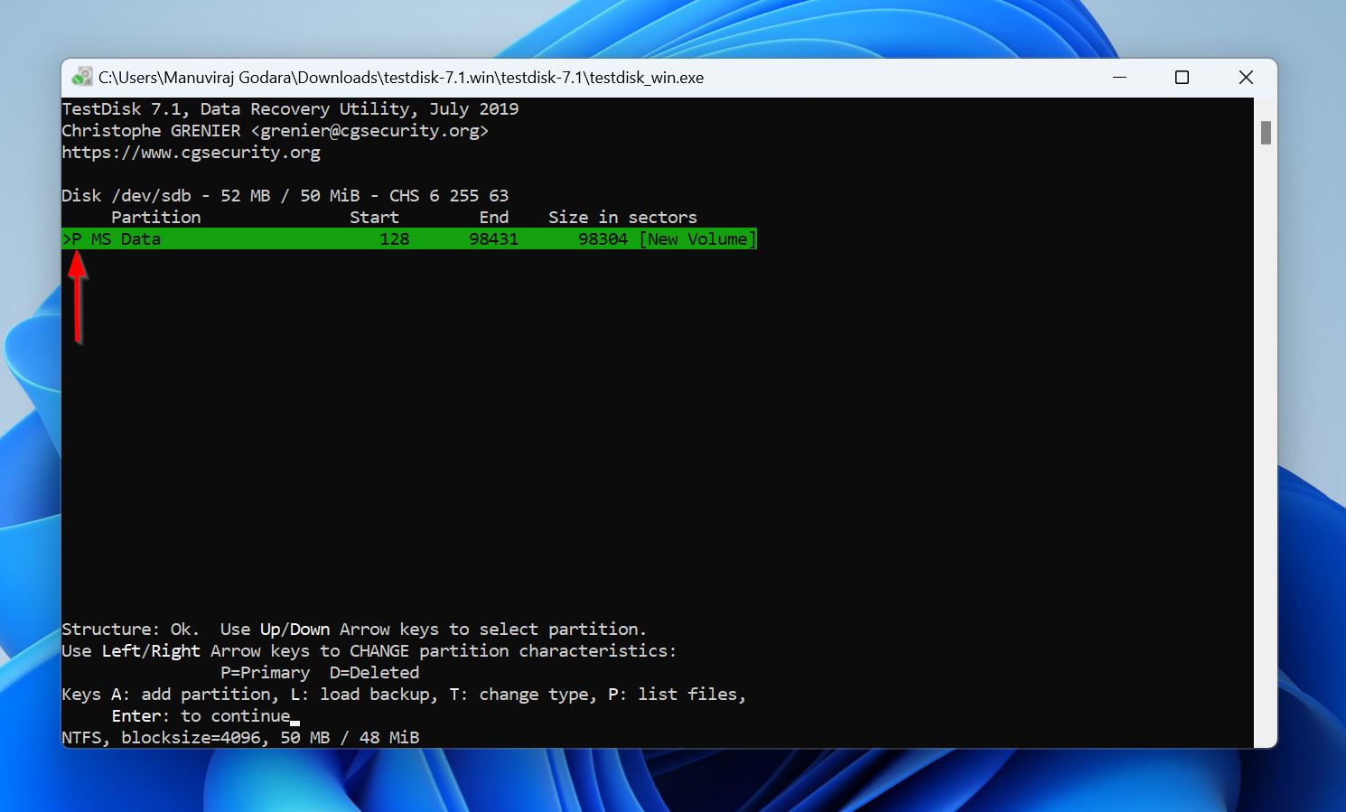 List of partitions in TestDisk.