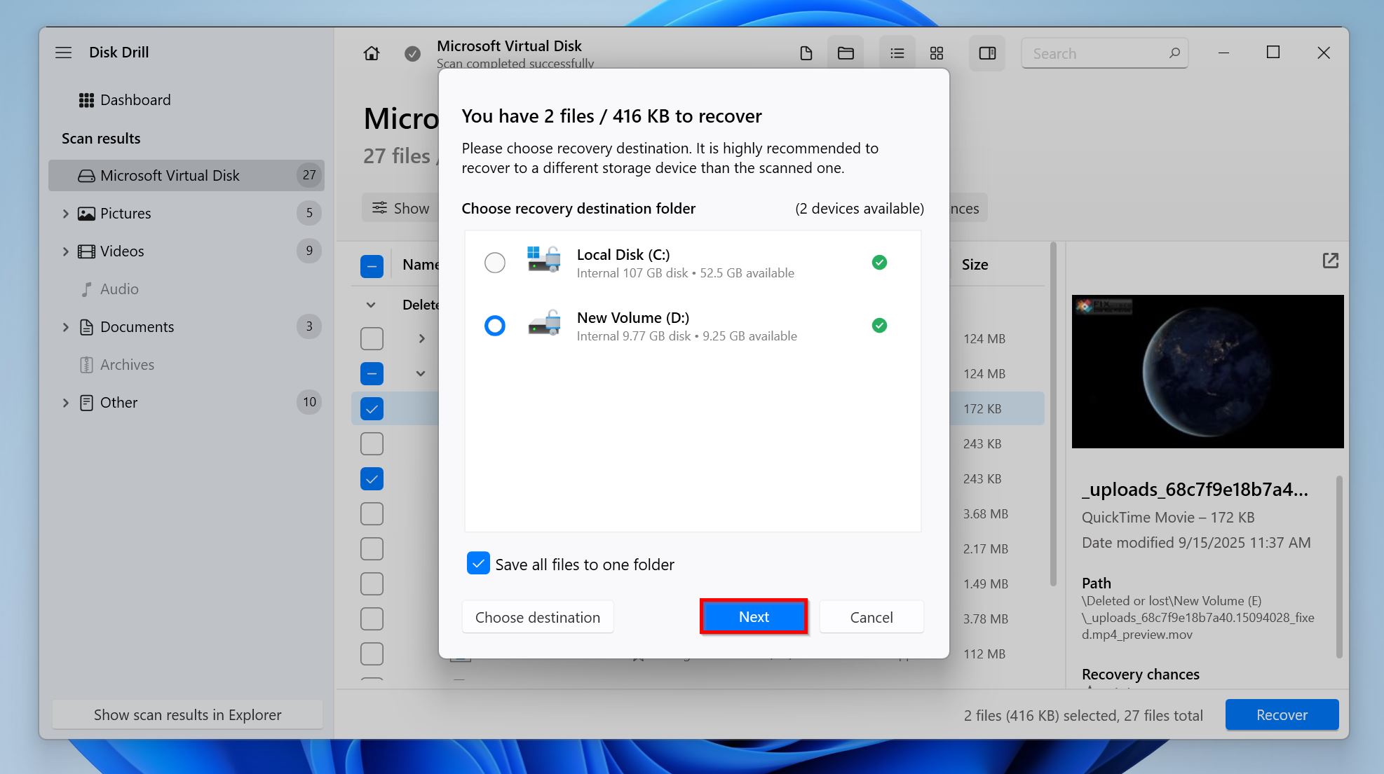 Recovery destination prompt in Disk Drill.