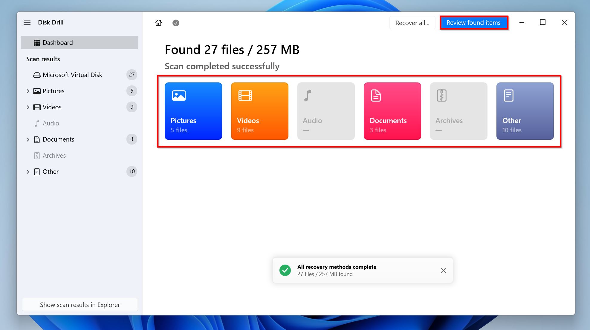 Review found items button in Disk Drill.