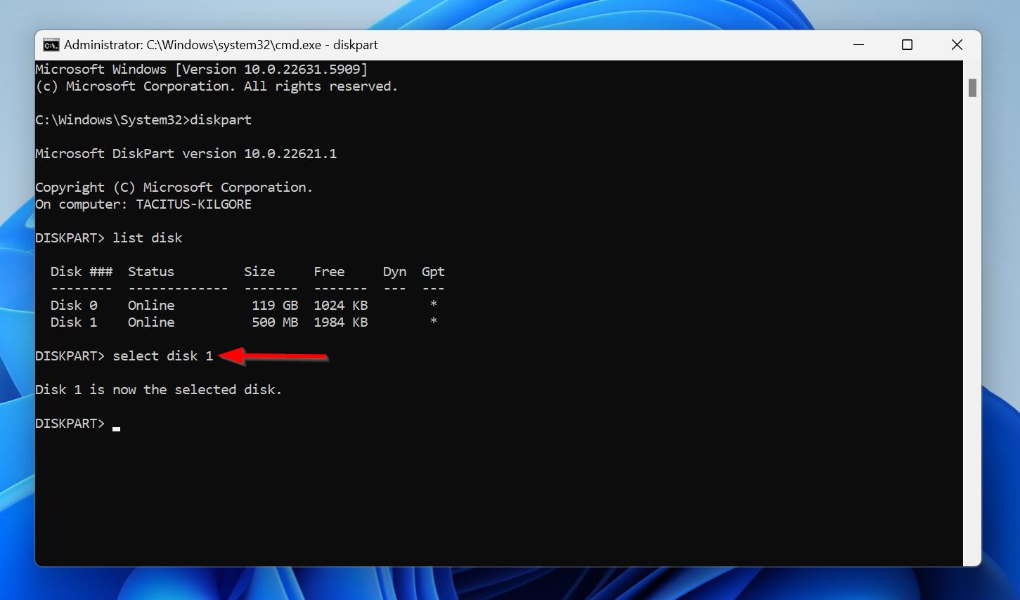 Select disk command in Command Prompt.