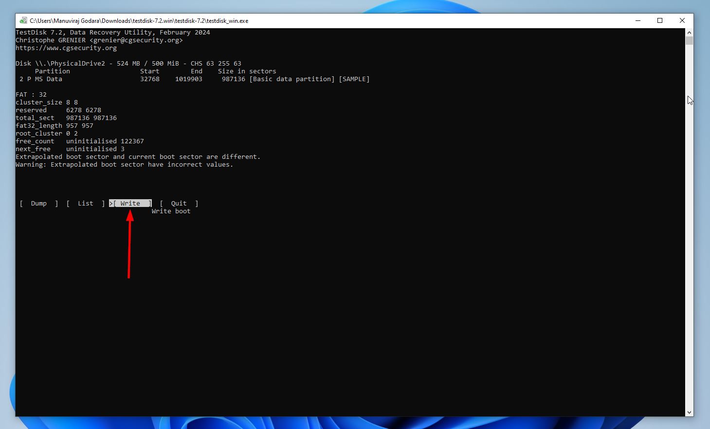 Write boot sector option in TestDisk.