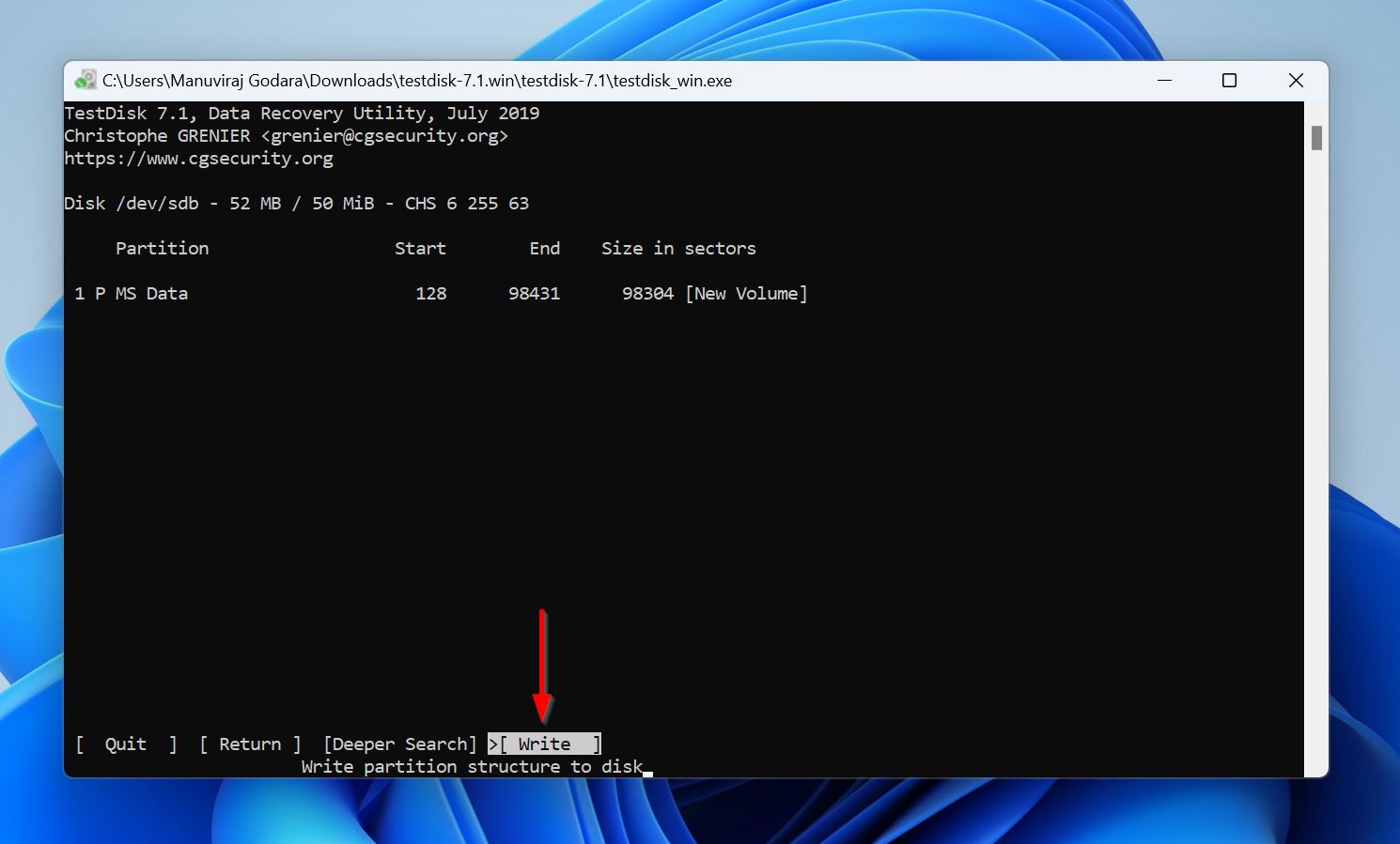 Write partition structure option in TestDisk.