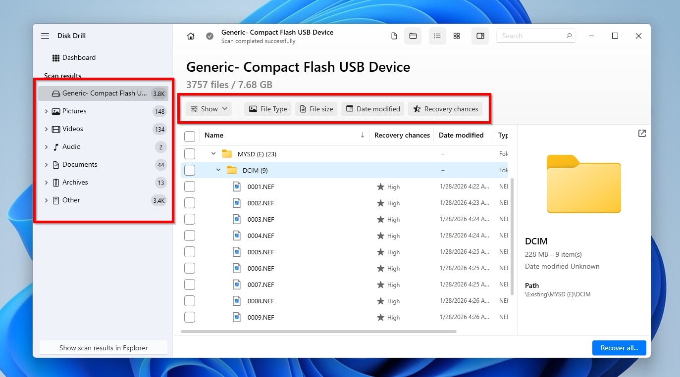 Disk Drill Categories and Filters in Results Page