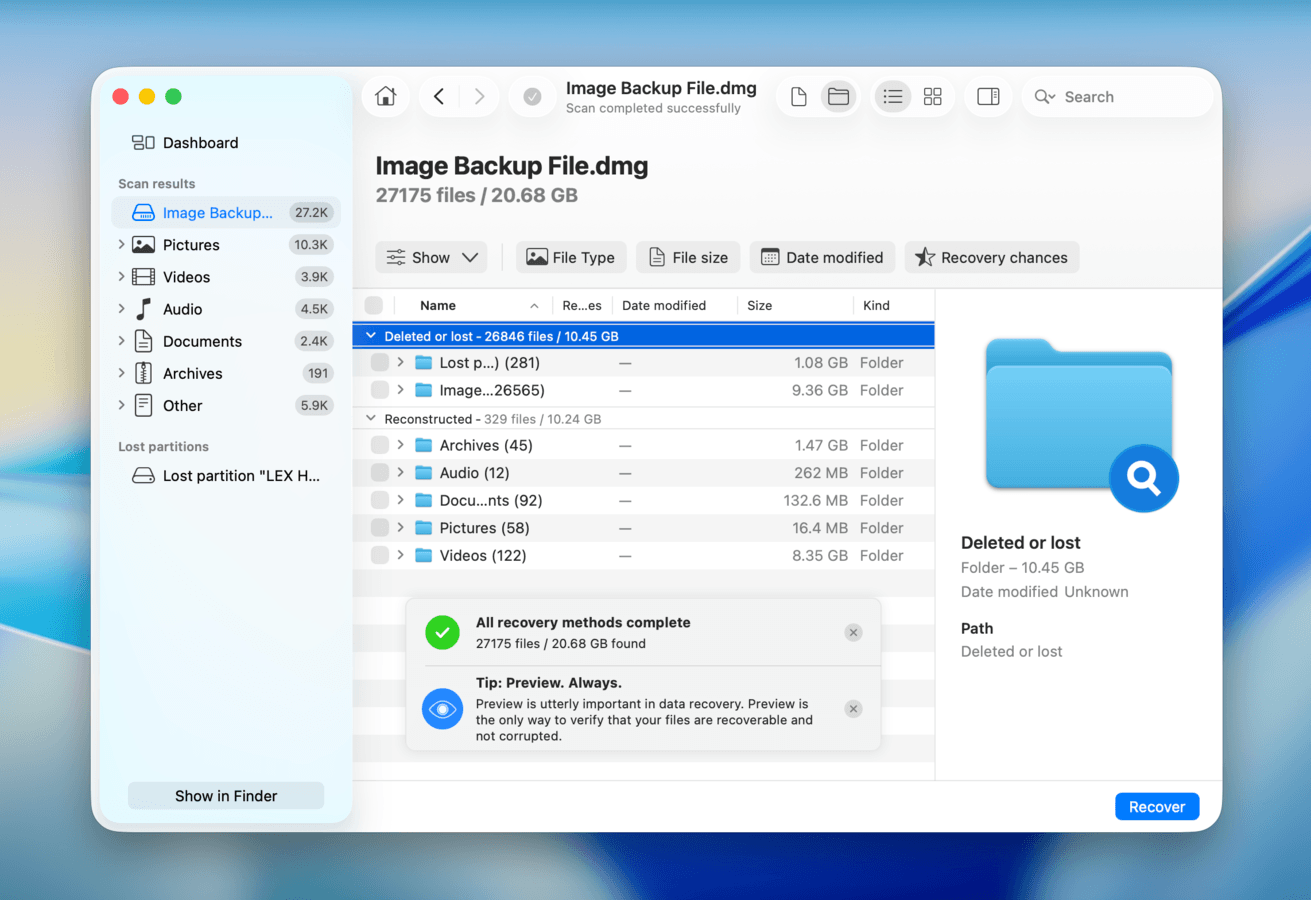 Disk Drill's file browser interface showing found HDD files