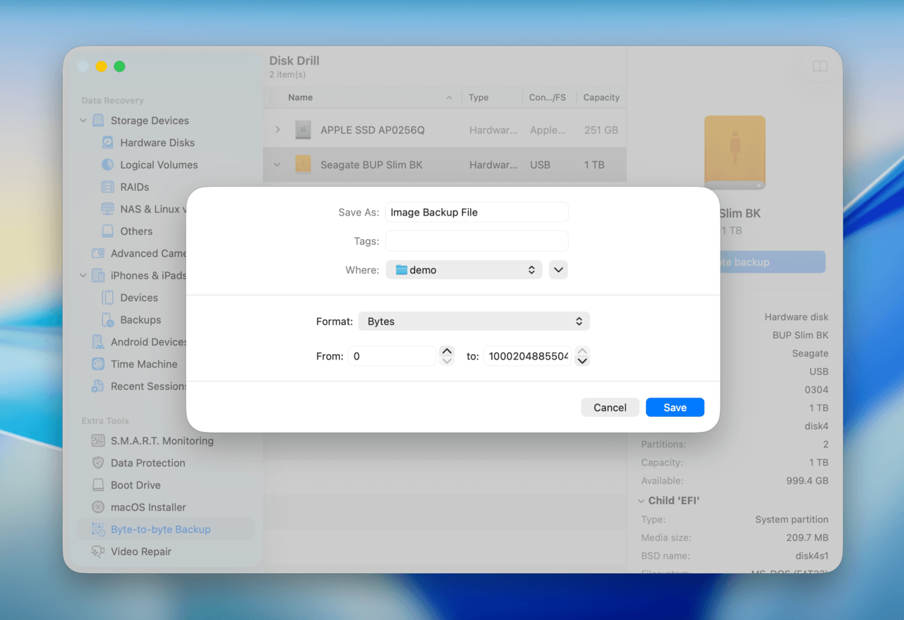 Disk Drill byte-to-byte backup parameter dialog for an HDD