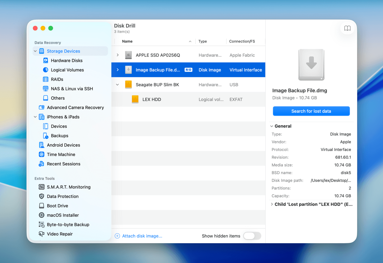 Disk Drill source selection page with disk image selection