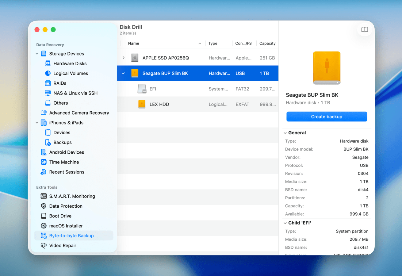 Disk Drill byte-to-byte backup interface with an HDD selected