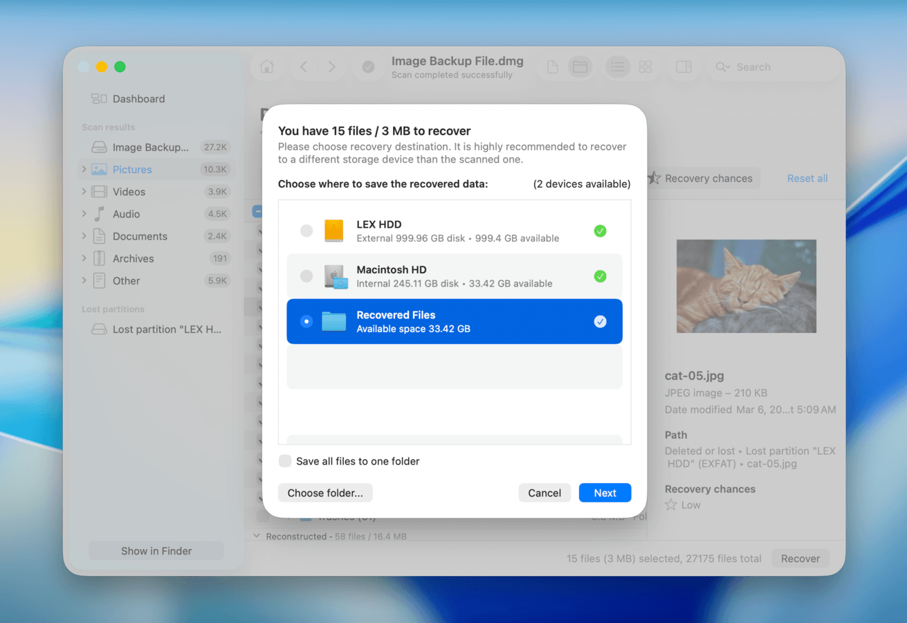 Disk Drill's destination selection dialog