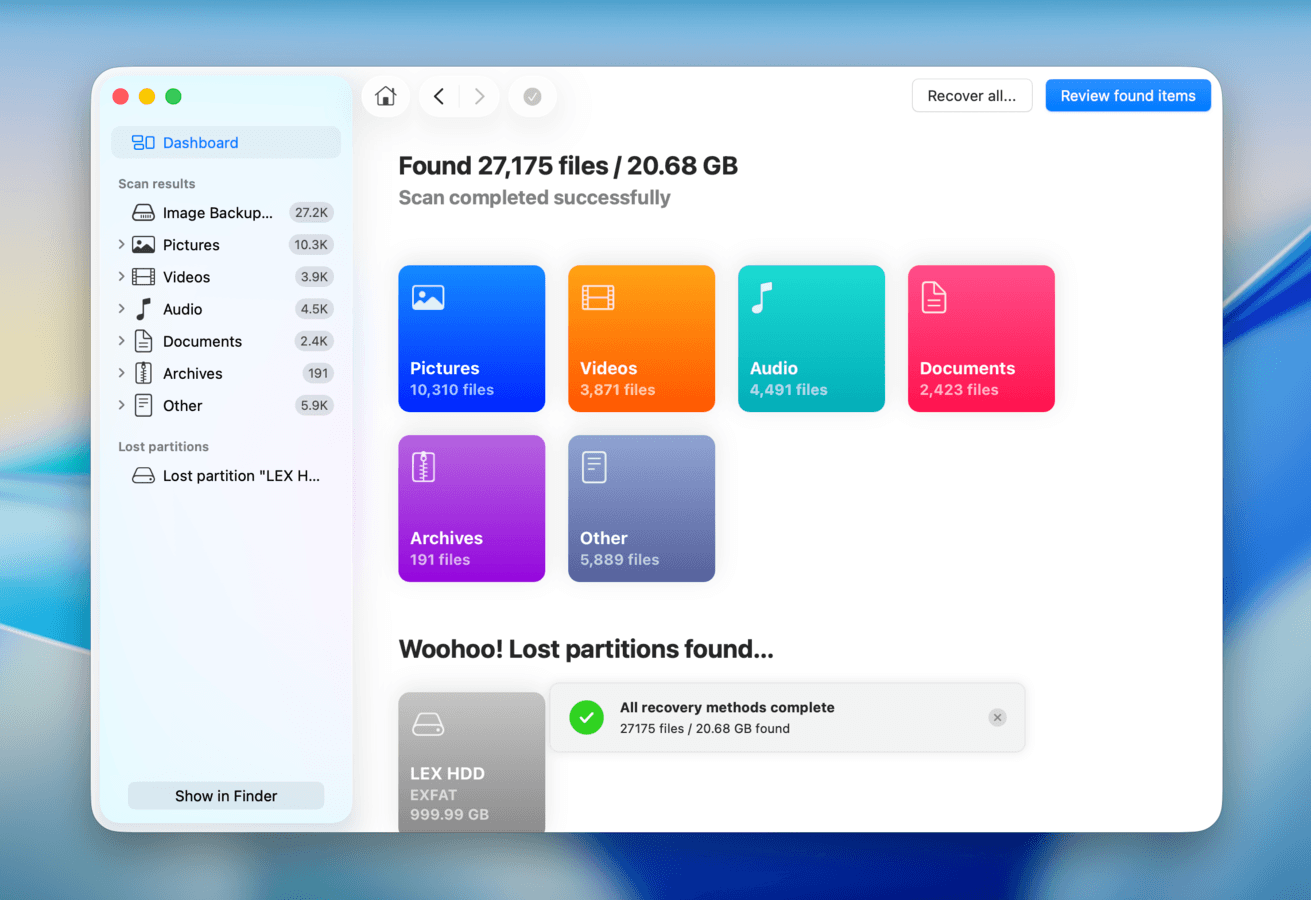 "Review found items" button in Disk Drill