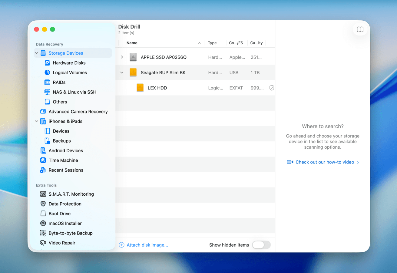 Disk Drill source selection page