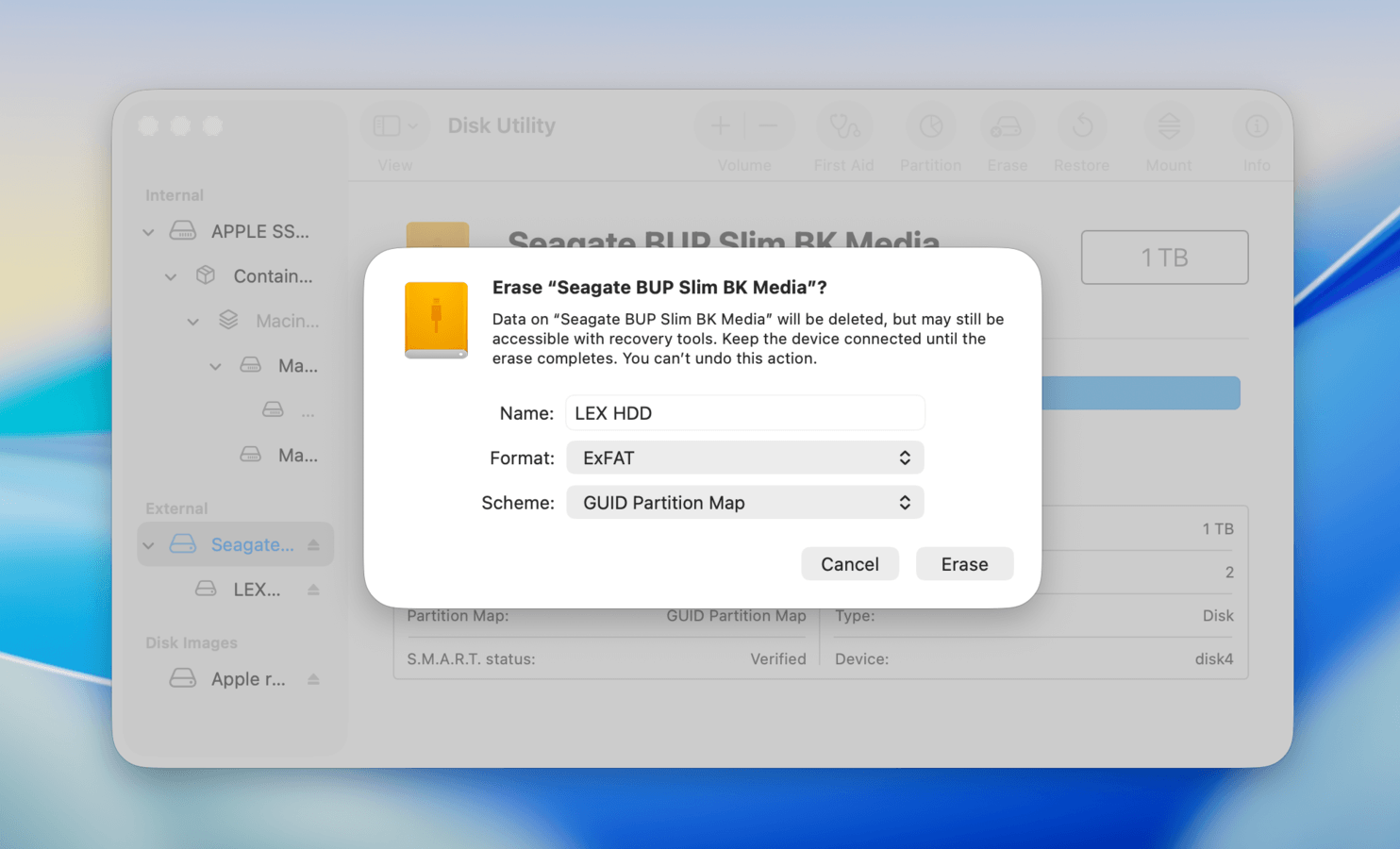 Disk Utility's Erase dialog window