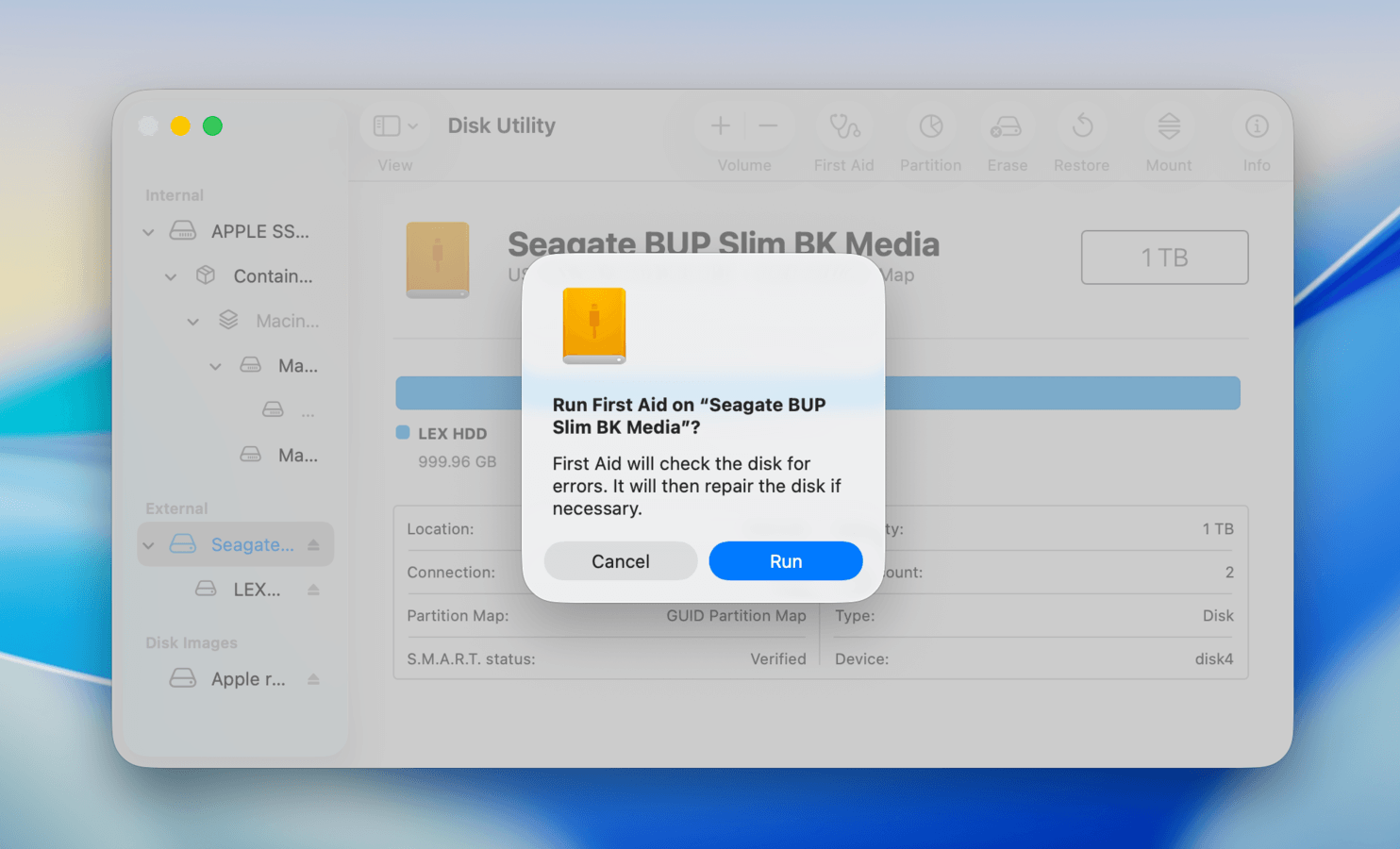 Confirmation dialog for running First Aid in Disk Utility