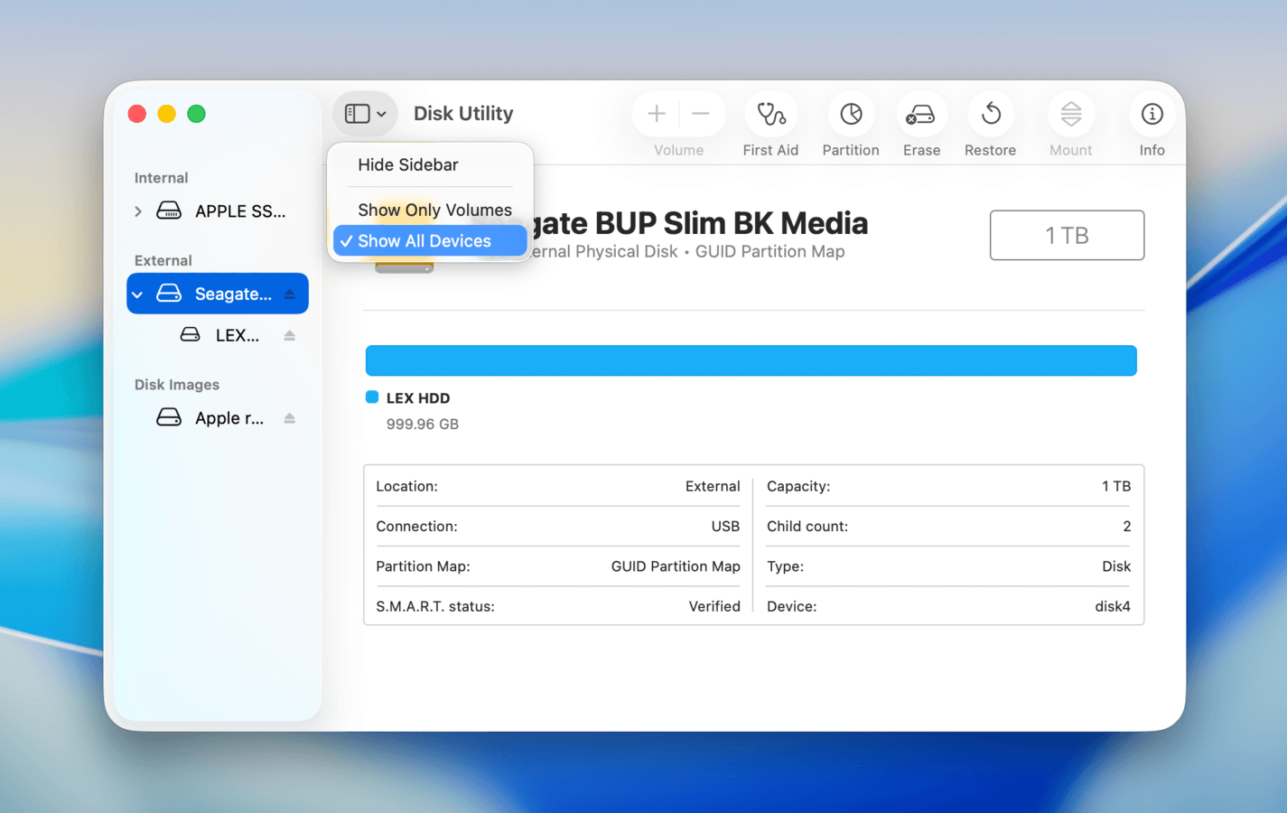 Show All Devices option in Disk Utility's View options