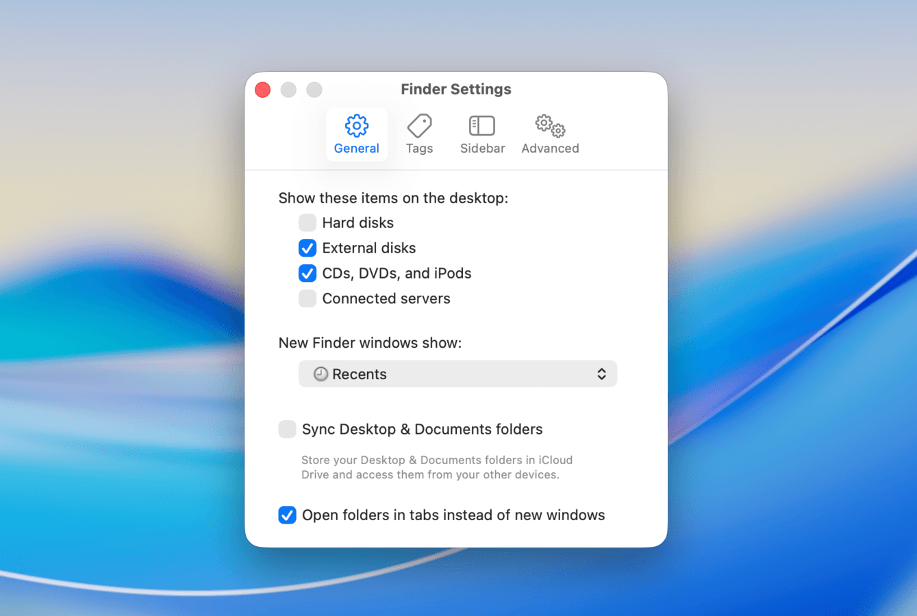 Desktop settings in the General page of in Finder's Settings menu