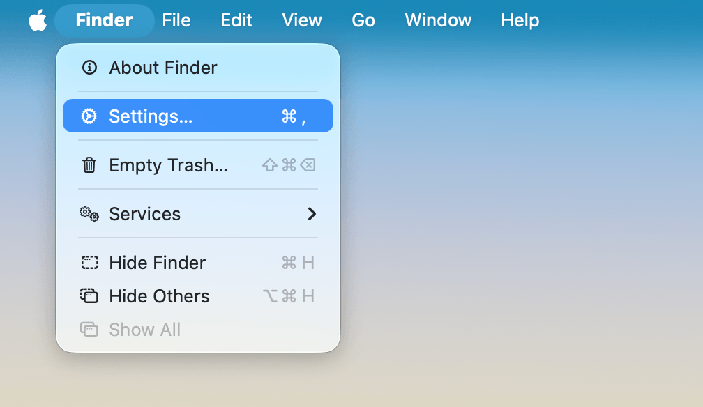 Settings option in a Mac's Finder menu