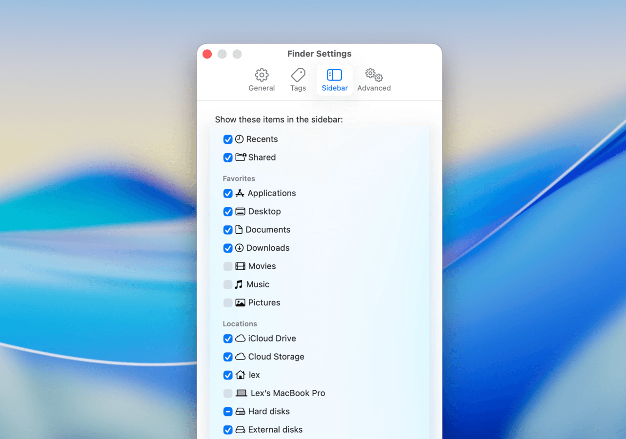 Sidebar display options in Finder's Settings menu