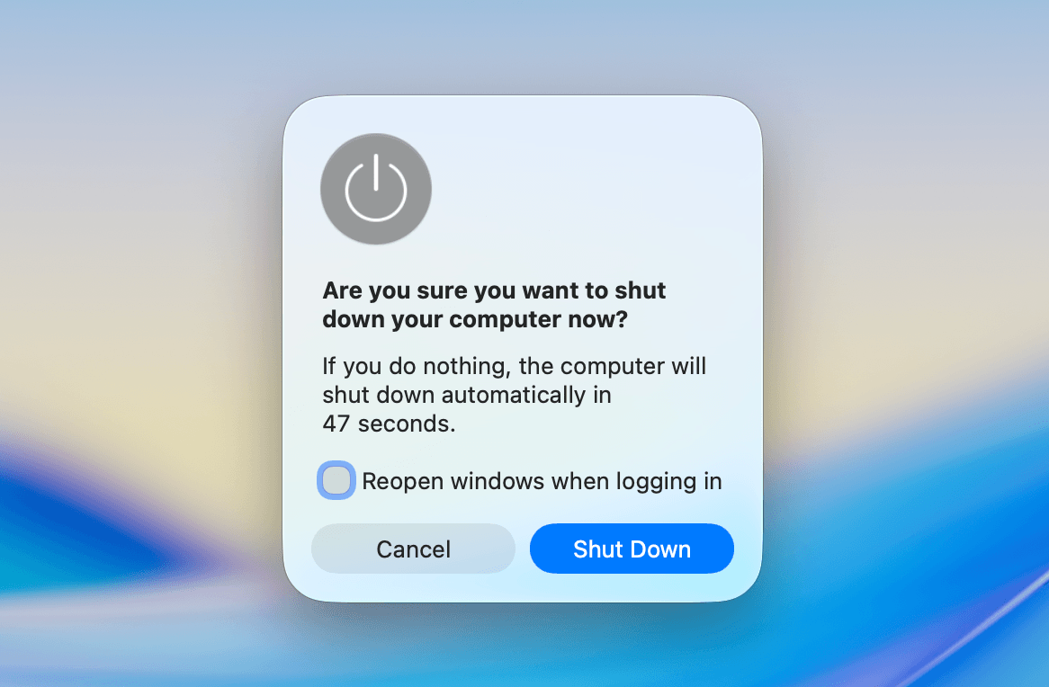 Shut Down dialog window on Mac