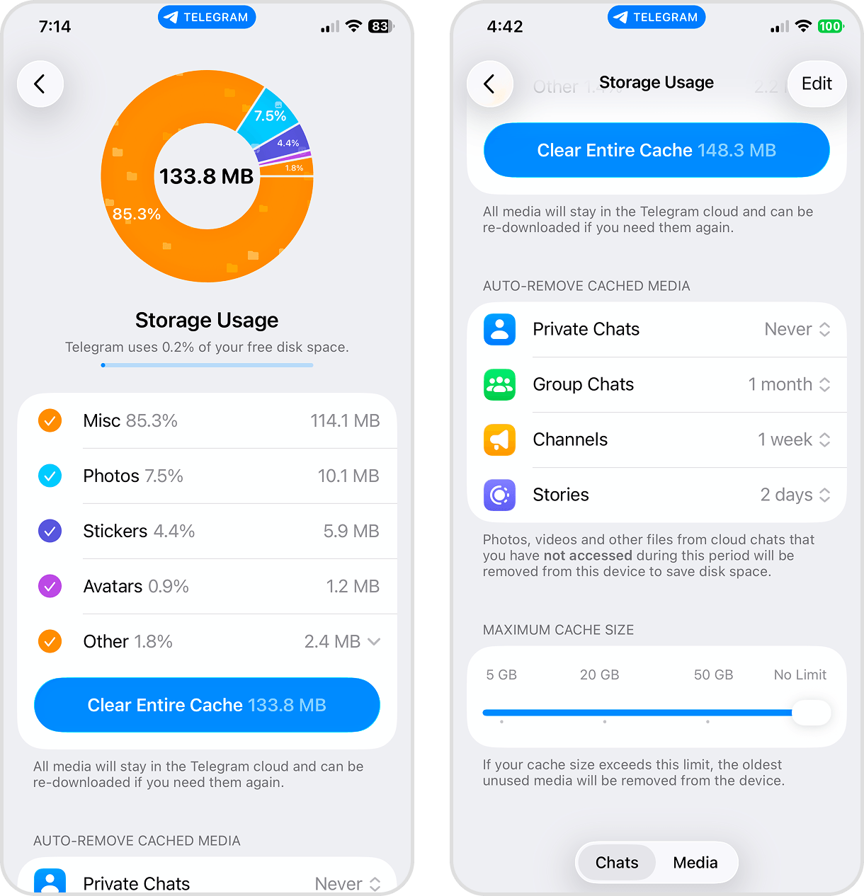 Storage page in Telegram's Settings menu