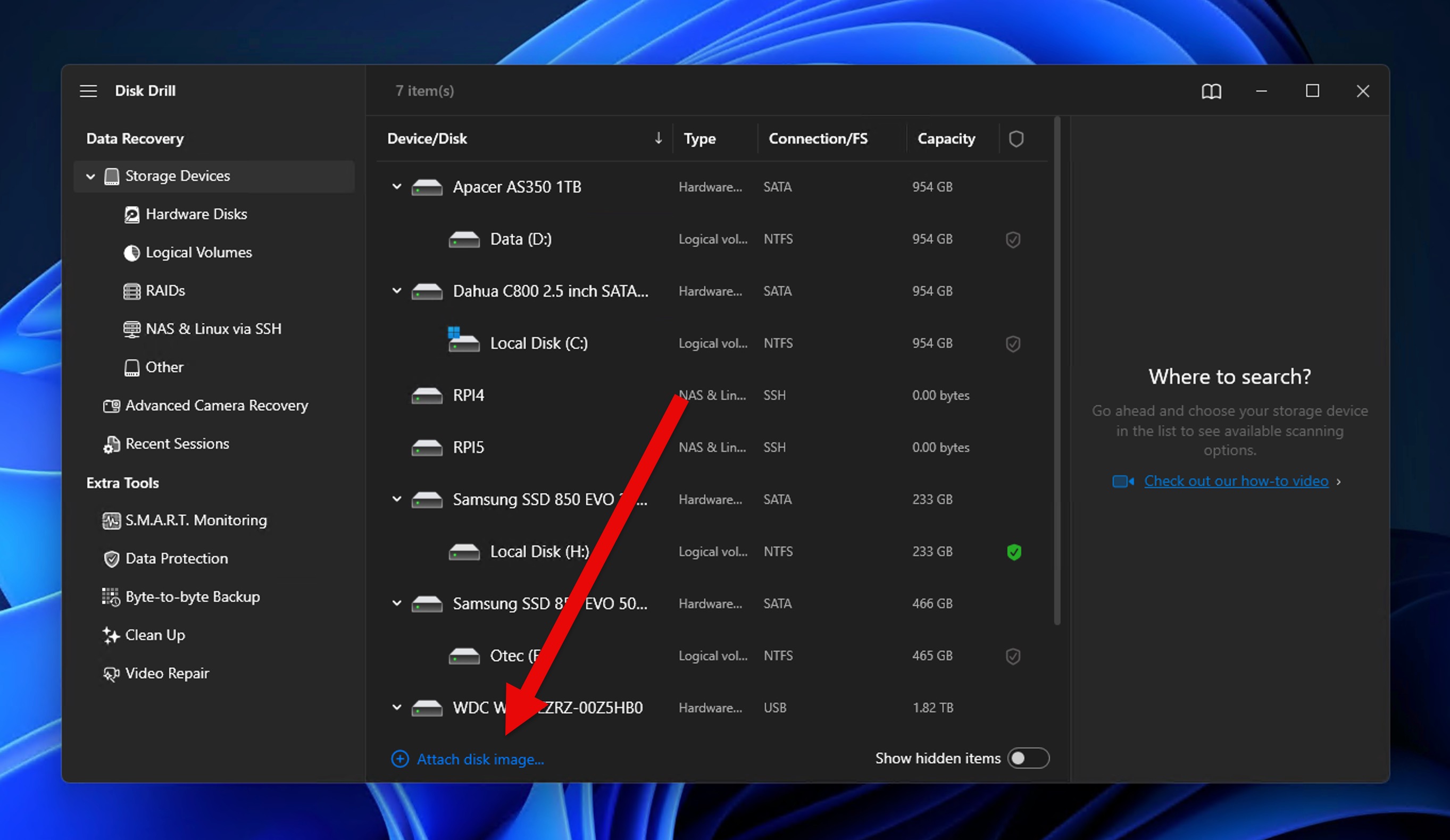 Attach disk image in Disk Drill